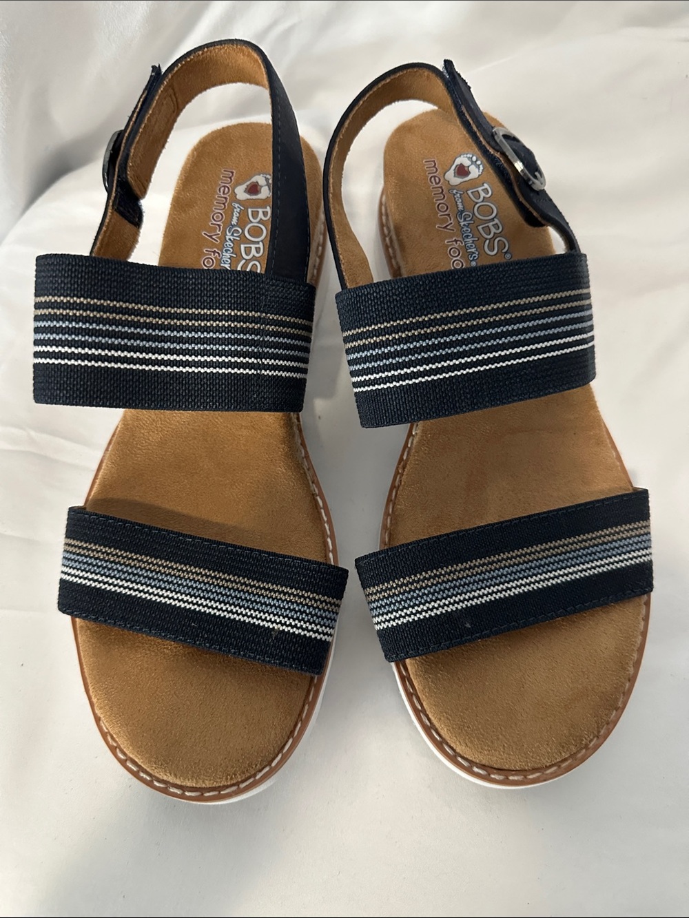 Skechers BOBS Navy Striped women’s Sandals with Tan Footbed - Picture 2 of 3